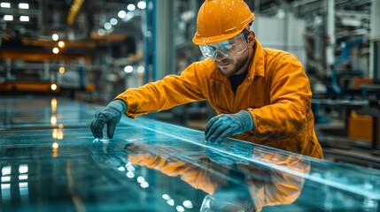 Poster - Craftsman inspects glass sheets for quality in a busy fabrication plant. The worker wears protective gear and operates machinery in an efficient manufacturing environment.