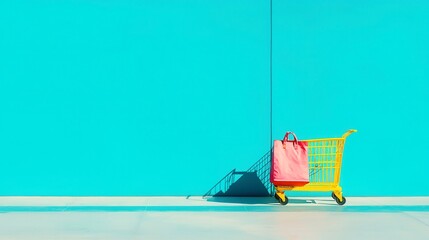 Poster - Vibrant Color Block Layout, featuring a yellow cart, hot pink bags, and an electric blue backdrop, showcasing bold hues in a minimalist and spacious arrangement.