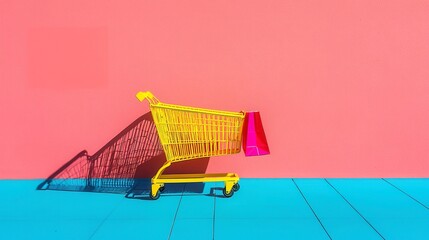 Poster - Vibrant Color Block Composition, a striking arrangement featuring a yellow cart, hot pink bags, and an electric blue background, creating a bold visual contrast and playful aesthetic.