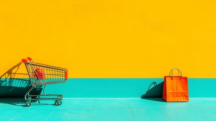 Poster - Geometric grid layout featuring a shopping cart and aligned rectangular paper bags, modern minimal composition with a clean, simple aesthetic and ample free space.