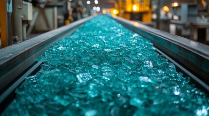 Poster - Brightly colored glass fragments flow down a conveyor belt within a manufacturing facility dedicated to producing construction materials. Workers monitor the process in the background.