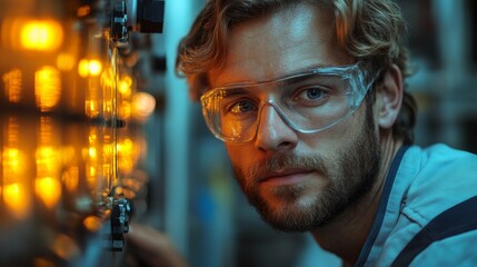 Aufkleber - A focused individual wearing safety glasses inspects complex machinery in a mining facility.