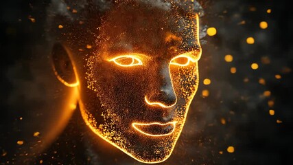 Poster - Abstract Glowing Humanoid Face Composed of Particles on Black, Technology, Artificial Intelligence Concept