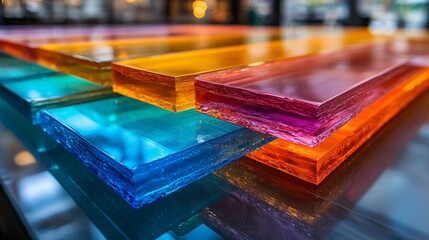 Poster - Vibrant sheets of colored glass are stacked neatly, showcasing various hues for potential use in construction and design applications, emphasizing creativity and craftsmanship.