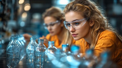 Aufkleber - Two workers in safety gear concentrate on inspecting glass bottles on a production line within a state of the art manufacturing facility focused on extraction and fabrication.