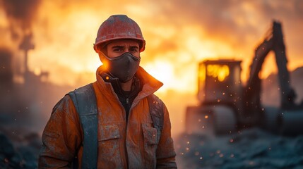 Fototapete - A worker clad in protective gear stands in front of heavy machinery during mining and excavation operations at dusk. The warm glow of the setting sun casts a dramatic light over the site.