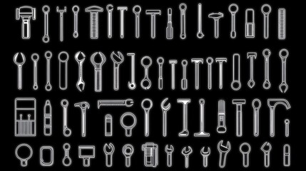 Poster - Monochrome Pixel Art Hand Tool Collection on Black Background