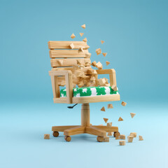 Leinwandbilder - Wooden Office Chair Disintegrating into Blocks on Light Blue Background
