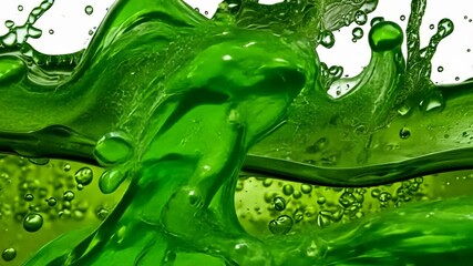 Poster - Dynamic closeup of vibrant green liquid with splash creating translucent forms and textures with floating bubbles isolated on white