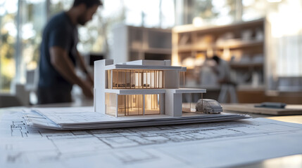 Poster - detailed house model sits on architectural blueprints in modern office