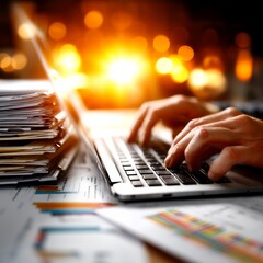 Poster - Late Night Work: Hands Typing on Laptop Amidst Documents, Reports, and Soft Lighting for a Busy Professional Atmosphere