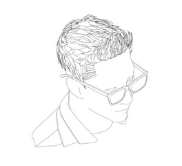 Poster - A man with a shaved head and sunglasses. The man is wearing a white shirt and a black tie. Isometric view