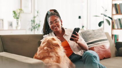 Aufkleber - Dog, phone and relax with black woman on sofa in living room of home together for communication. App, mobile or social media with Labrador and pet owner in apartment for weekend bonding or loyalty