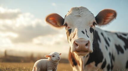 Poster - Close-up of a curious cow and a small lamb in a field, under a bright, cloudy sky. The cow is predominantly white and brown, while the lamb is fluffy white.  The scene is peaceful and evokes a sense
