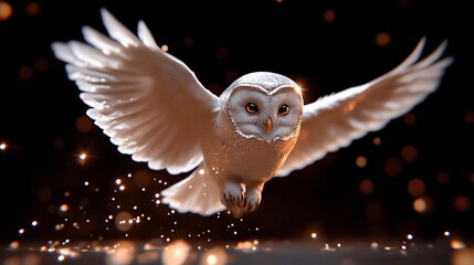 Poster - A majestic white owl in flight, surrounded by sparkling golden particles against a dark background. The owl's feathers are detailed, and its eyes are bright and alert. The image evokes a sense of