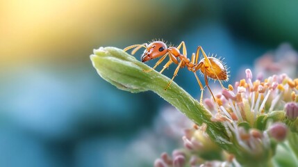 Poster - Close-up of an orange ant perched on a vibrant green bud, with a soft-focus teal and yellow background. Water droplets are visible on the ant and bud