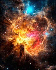 Aufkleber - A vibrant nebula bursts with fiery orange and blue hues amidst a dark expanse of space speckled with countless stars.