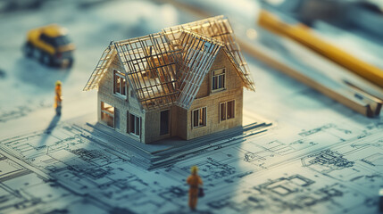 Poster - miniature house model sits on blueprints with construction workers nearby