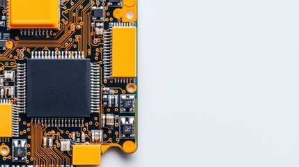 Fototapete - A close-up shot reveals intricate details of a circuit board's electronic components against a clean white background.