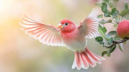 Poster - Pink bird in flight near red apple on branch, soft sunlight background.  Vibrant colors, delicate wings