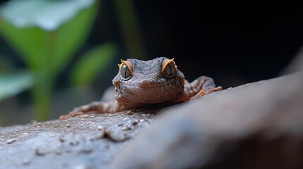 Poster - Close-up of a small reptile with speckled brown skin and bright yellow eyes, peering over a rock. The background is blurred, showing hints of green foliage