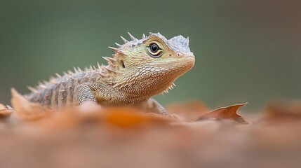Aufkleber - Close-up of a small lizard with spiky scales, nestled among autumn leaves. Soft, natural lighting enhances the texture and detail of the reptile and foliage