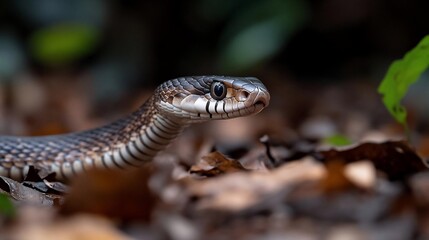 Leinwandbilder - Close-up of a black and brown snake slithering through autumn leaves on the forest floor. Natural light illuminates the reptile's detailed scales and alert eyes
