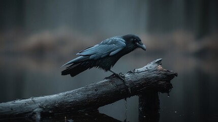 Poster - A dark-colored crow perches on a weathered log partially submerged in murky water, a misty forest forms the background. The scene is shrouded in a moody, atmospheric light
