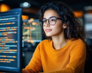 Poster - A focused female programmer thoughtfully reviews lines of code on a large computer monitor in a modern office setting.