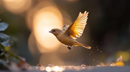 Aufkleber - A small, yellow-brown bird takes flight, wings outstretched, against a bokeh background of warm golden light.  The bird is in sharp focus, while the background is blurred, creating a dreamy