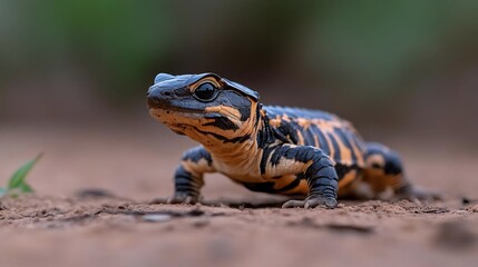 Aufkleber - Close-up of a vibrant black, orange, and yellow salamander on dry, brown earth.  The salamander is in focus, with a blurred green background. Natural lighting illuminates the scene