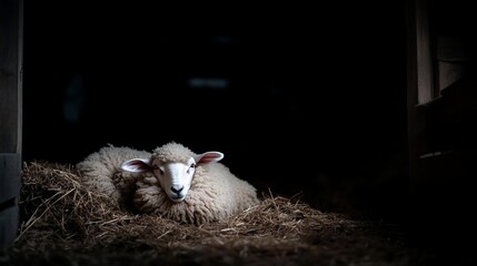 Poster - A young lamb rests peacefully in a bed of hay within a dark barn, illuminated by a single light source. The lamb's fleece is light beige, and it appears calm and content