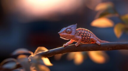 Poster - Close-up of a small chameleon on a tree branch at sunset. The reptile is reddish-orange with hints of purple, perched on a dark brown branch against a warm, blurry background of leaves and golden