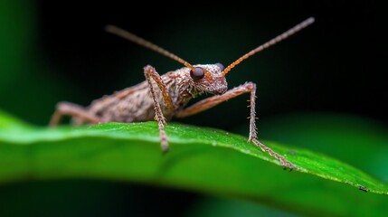 Poster - Close-up of a small brown insect perched on a vibrant green leaf against a dark background. The insect's details are sharp, showing its delicate legs and antennae