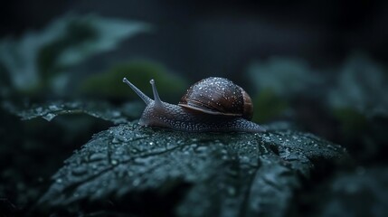 Aufkleber - Snail crawling on a dew-covered leaf in a dark, moody setting. Close-up shot with focus on the snail's shell and the glistening droplets of water