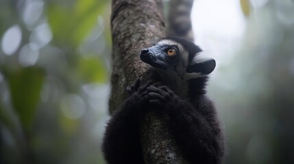 Poster - A black and white lemur with orange eyes clings to a tree trunk in a lush green forest. Soft, natural light filters through the foliage