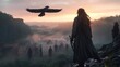 © Babycrab - Silhouette of a woman and a group of people watching a large bird flying over a misty valley at sunrise.  Atmospheric scene with warm light and dramatic landscape