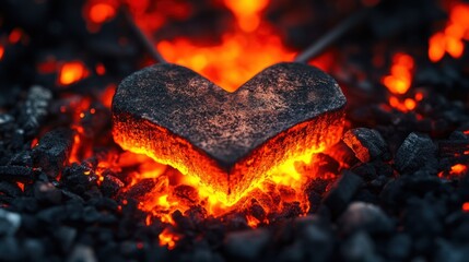 Poster - A fiery heart-shaped stone glows intensely within a bed of glowing hot coals and embers.