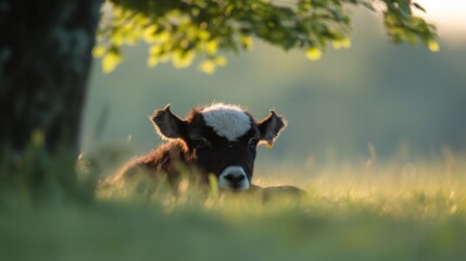 Poster - A young lamb with a white blaze on its forehead rests in a sun-dappled meadow, partially hidden in the tall grass under a tree. Warm golden light illuminates the scene