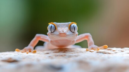 Poster - Close-up of a small, light-pink gecko with vibrant yellow-ringed blue eyes, perched on a light brown, textured surface against a blurred green background. The gecko's expression is curious and alert