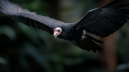 Poster - Black vulture in flight, close-up view against a dark green blurred background.  The bird's wings are fully extended, showing detail of feathers.  The focus is sharp on the bird's head and body