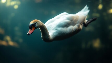 Poster - White swan gracefully swimming underwater in dark teal water. The swan's head is visible above the waterline, showcasing detailed features. Soft, blurry green bokeh creates a serene background