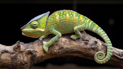 Poster - Close-up view of a green and yellow chameleon perched on a dark brown branch against a black background. The chameleon's skin is textured, and its tail is curled