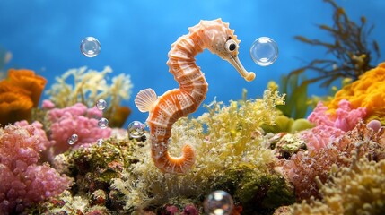Poster - Orange seahorse swimming among vibrant coral reef and bubbles, underwater scene.  Bright, colorful underwater world