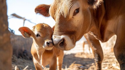 Poster - Close-up of a light brown cow nuzzling its calf.  The scene is outdoors in a barn setting, with warm sunlight illuminating the animals