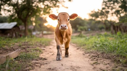 Aufkleber - A young calf walks toward the camera on a dirt path, set against a backdrop of lush greenery and a rustic hut at sunset. Warm golden light bathes the scene