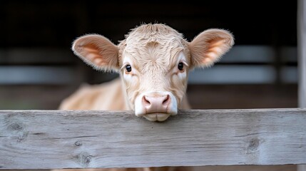 Poster - Close-up of a light brown calf peering over a weathered wooden fence. The calf's large, expressive eyes are the focal point, conveying a sense of curiosity and gentleness. Soft lighting enhances the