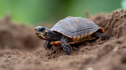 Poster - A small turtle crawls on dark brown soil, with a blurred green background.  The turtle's shell is brown with yellow markings