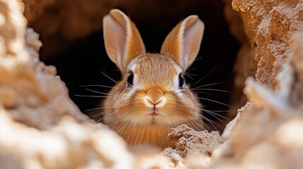 Poster - A curious brown rabbit peeks out from a sandy burrow, its whiskers twitching.  The warm light illuminates its face and the textured sand