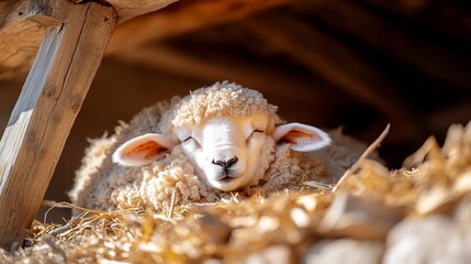 Poster - Close-up of a fluffy, cream-colored lamb nestled in straw, sleeping peacefully under a wooden structure. Warm, natural lighting illuminates the scene